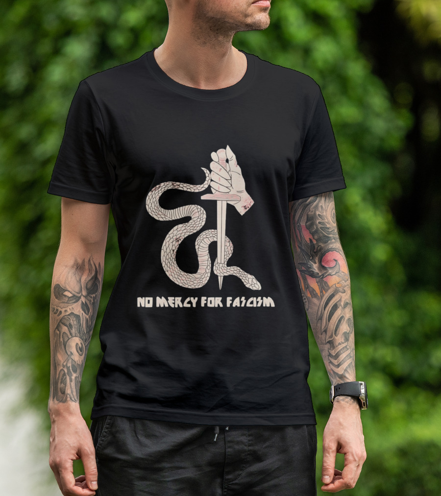 No Mercy For Fascism Snake Winding Around Dagger And Hand T-Shirt
