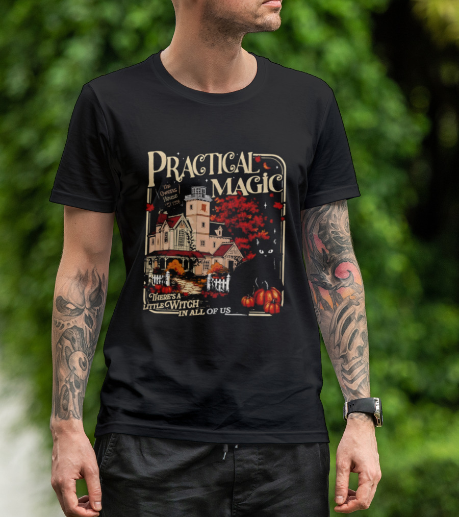 Practical Magic The Owens House Est 1998 There Is A Little Witch In All Of Us Pumpkin Autumn Scene T-Shirt
