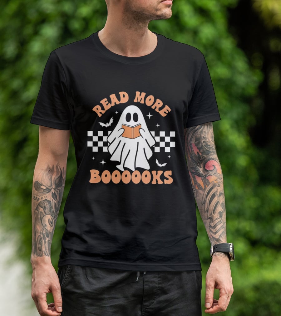 Read More Booooks Ghost Halloween Bat Checkerboard T-Shirt