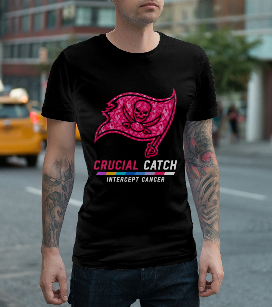 Tampa Bay Buccaneers 2026 Crucial Catch Intercept Cancer Pink Ribbon Flag T-Shirt