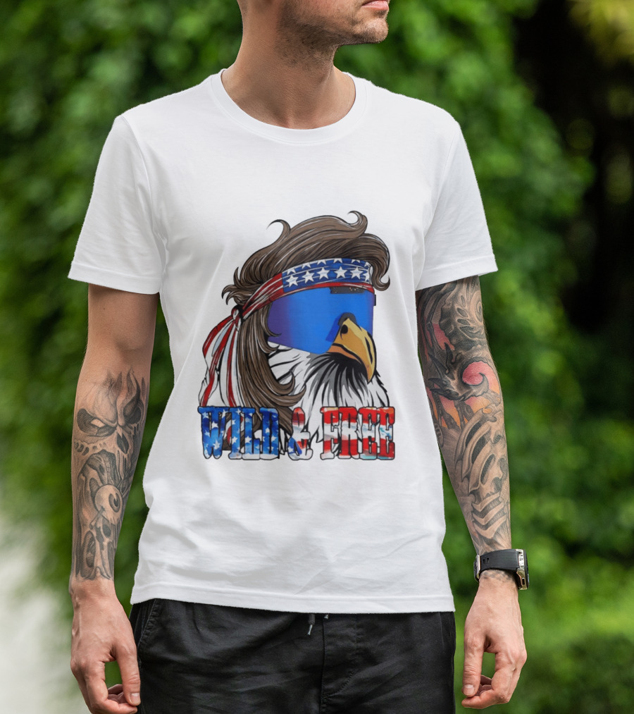 Wild And Free Bald Eagle USA Flag Bandana And Sunglasses T-Shirt