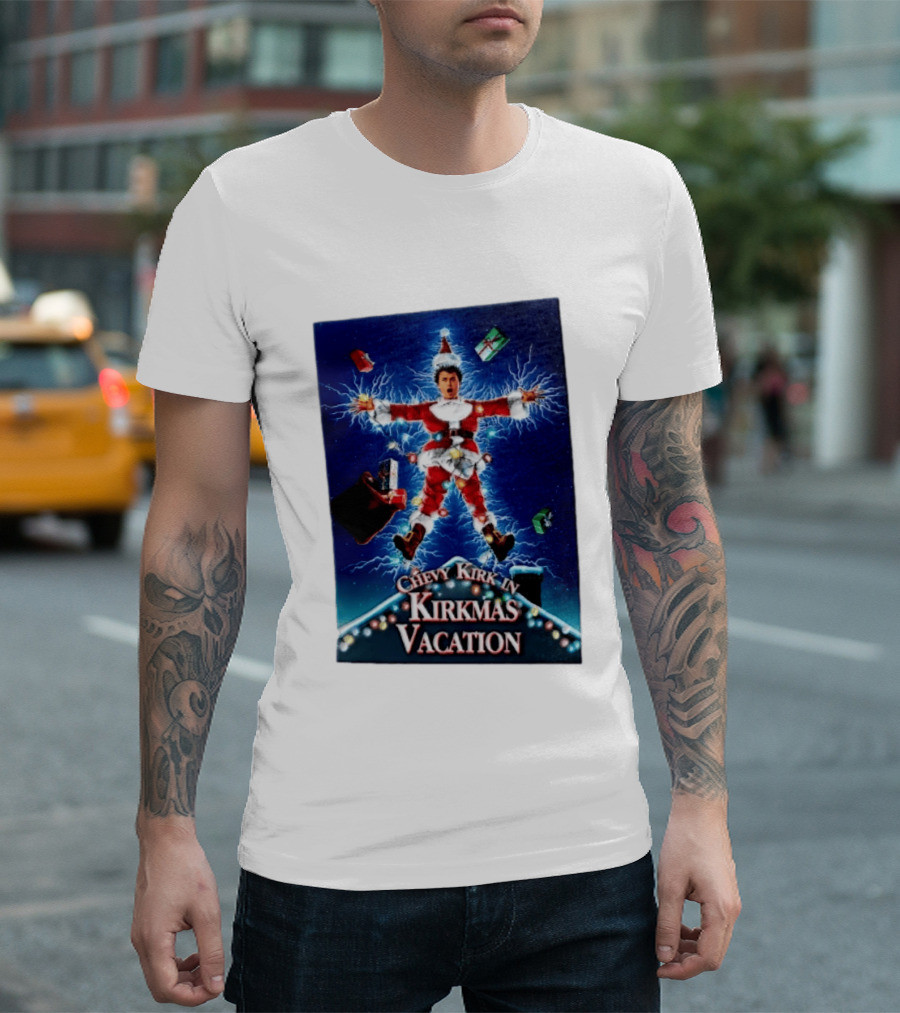 Chevy Kirk In Kirkmas Vacation Christmas Presents Lights Santa Suit Explosion T-Shirt