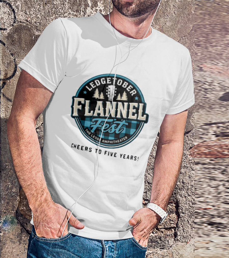 LedgeTober Flannel Fest The Ledge Amphitheater Cheers To Five Years Celebration With Trees And Guitar T-Shirt