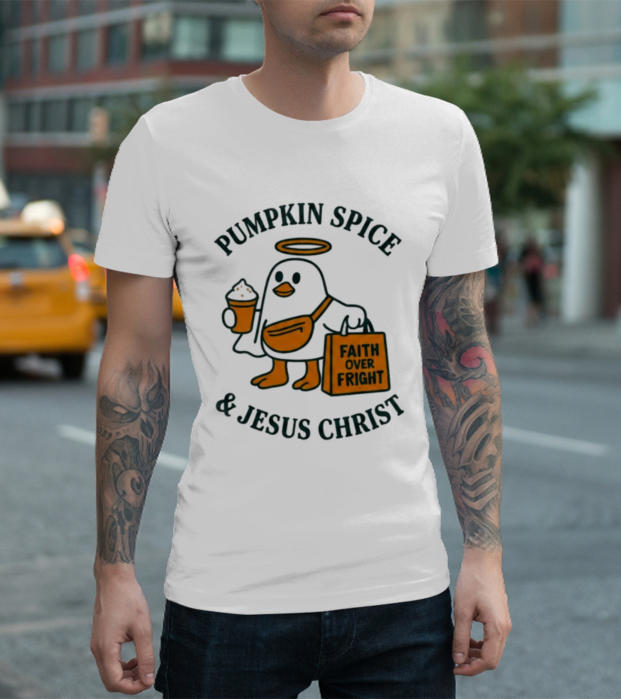 Pumpkin Spice Jesus Christ Faith Over Fright Angelic Penguin Coffee T-Shirt