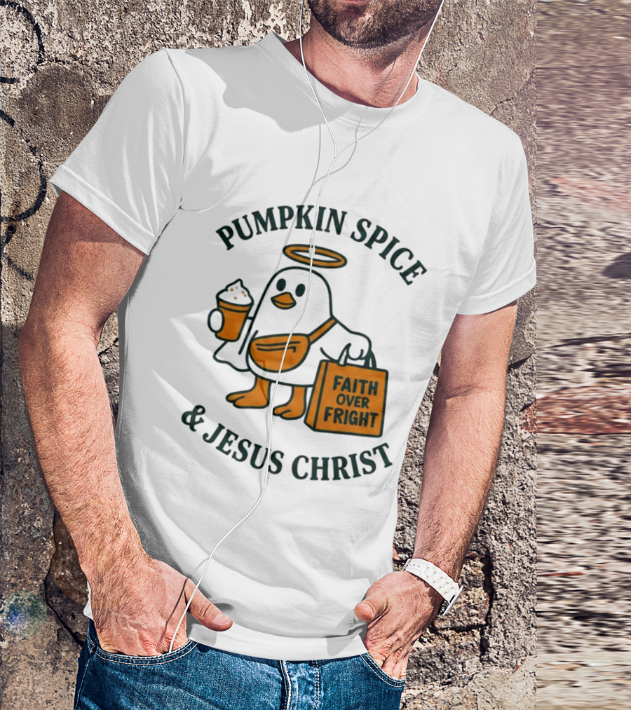Pumpkin Spice Jesus Christ Faith Over Fright Angelic Penguin Coffee T-Shirt
