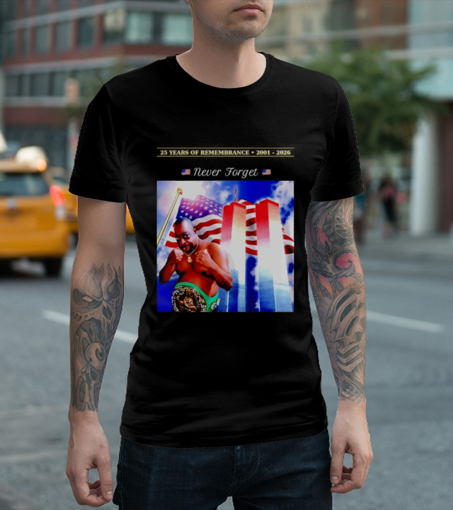 25 Years Of Remembrance 2001 2026 Beetlejuice Never Forget Twin Towers Boxing Belt American Flag T-Shirt