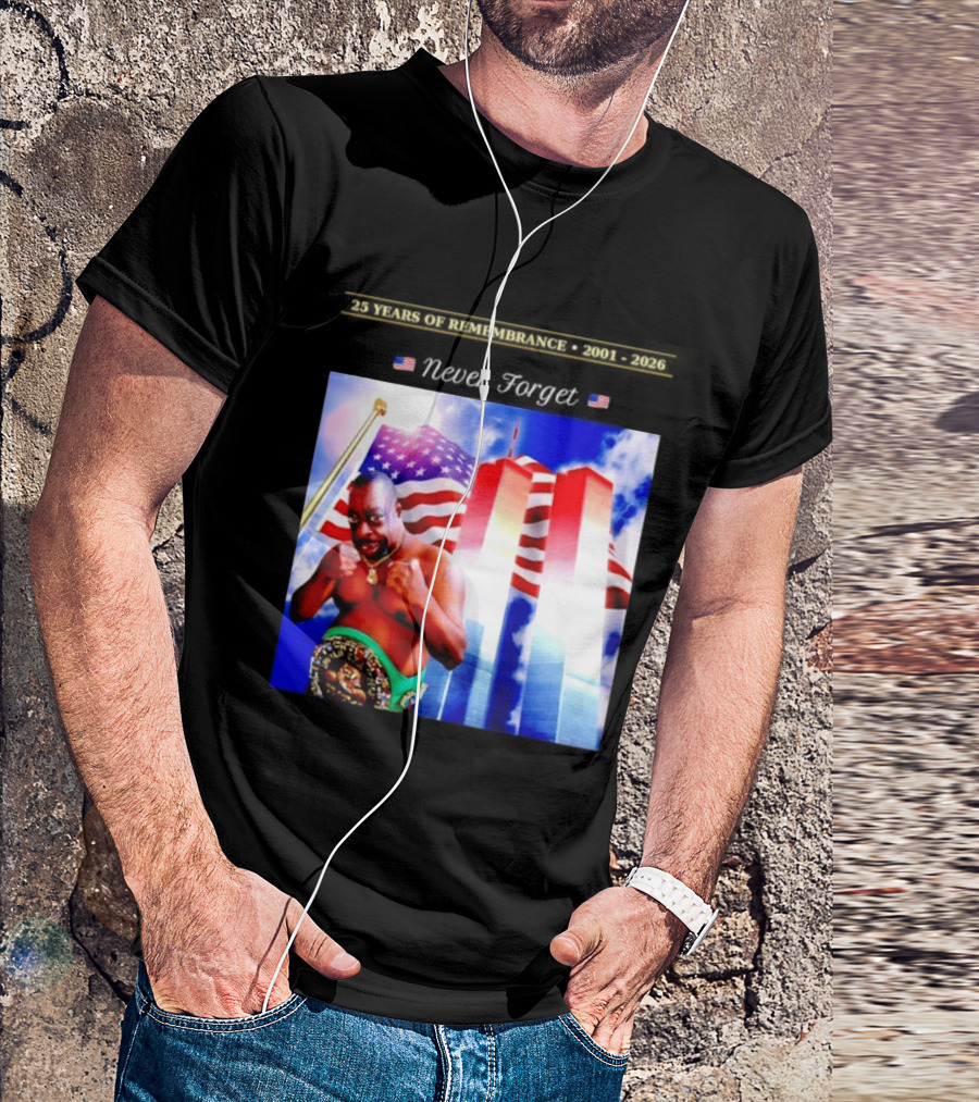 25 Years Of Remembrance 2001 2026 Beetlejuice Never Forget Twin Towers Boxing Belt American Flag T-Shirt
