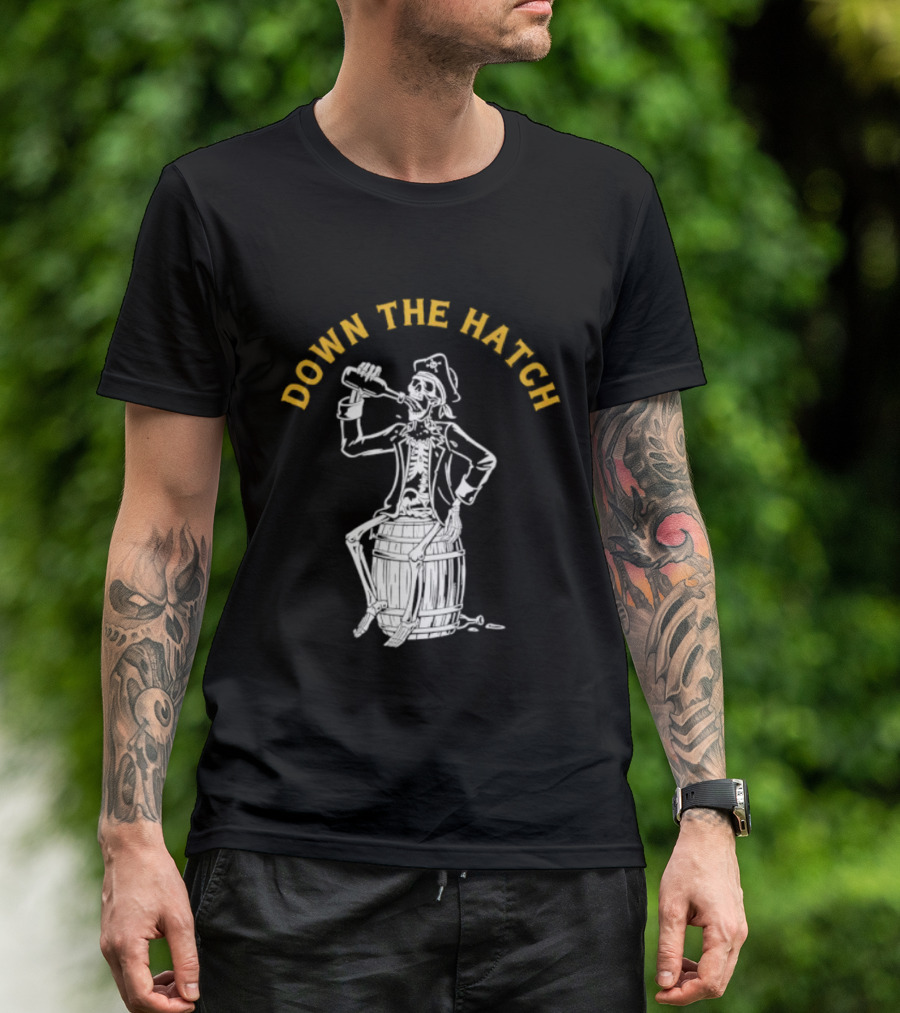 Down The Hatch Skeleton Pirate Drinking T-Shirt