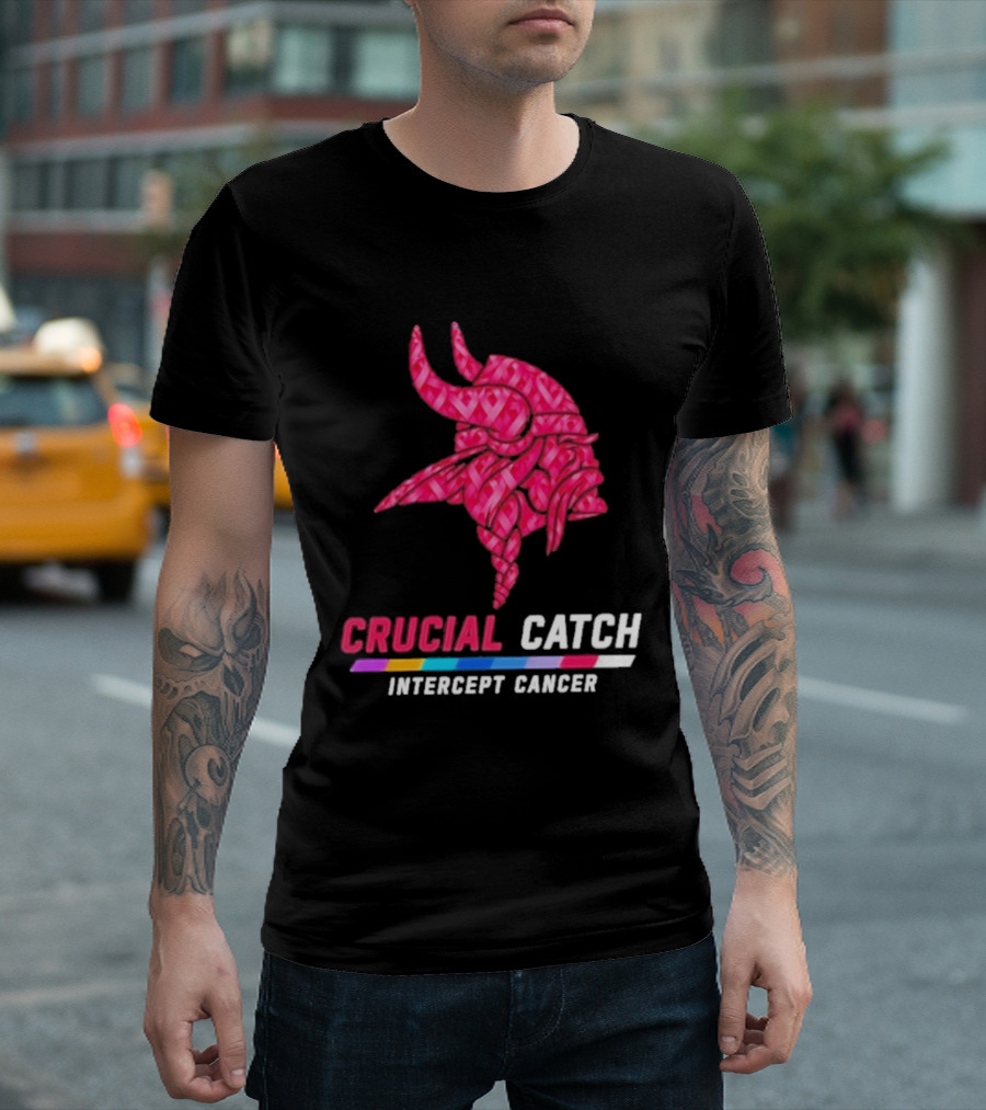 Minnesota Vikings 2026 Crucial Catch Intercept Cancer Pink Crucial Catch Intercept Cancer T-Shirt