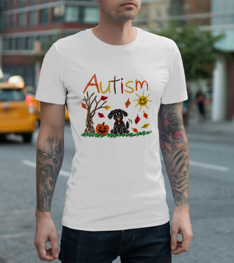 Autism Dog Pumpkin Halloween Fall Leaves Drawing T-Shirt