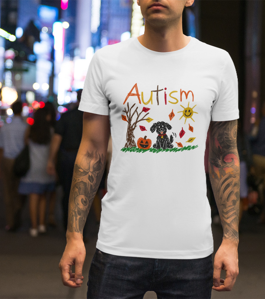 Autism Dog Pumpkin Halloween Fall Leaves Drawing T-Shirt