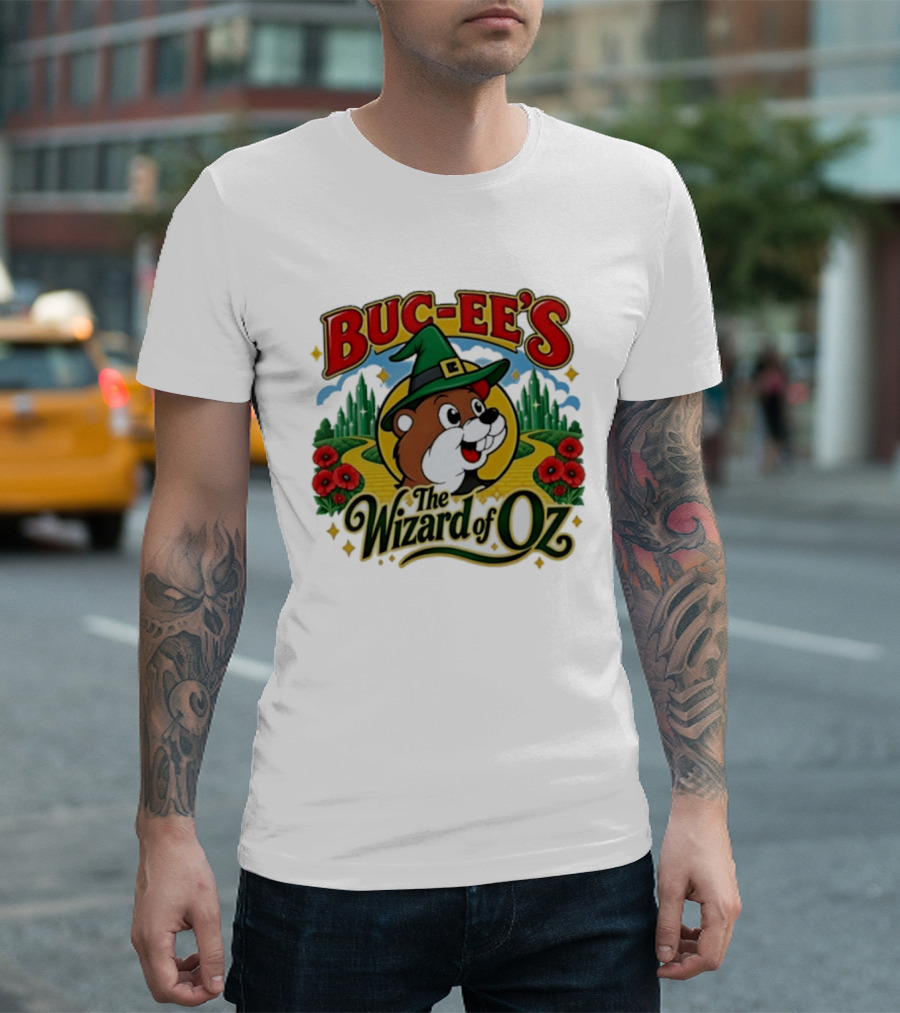 Buc Ee's The Wizard Of Oz Themed Parody With Beaver In Green Hat And Yellow Brick Road T-Shirt