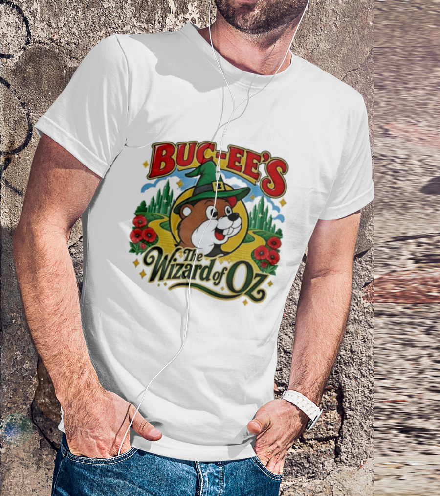 Buc Ee's The Wizard Of Oz Themed Parody With Beaver In Green Hat And Yellow Brick Road T-Shirt