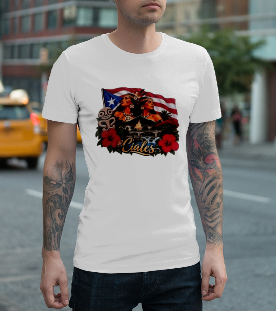 Ciales Puerto Rico Taino Women With Flag Hibiscus Flowers And Indigenous T-Shirt
