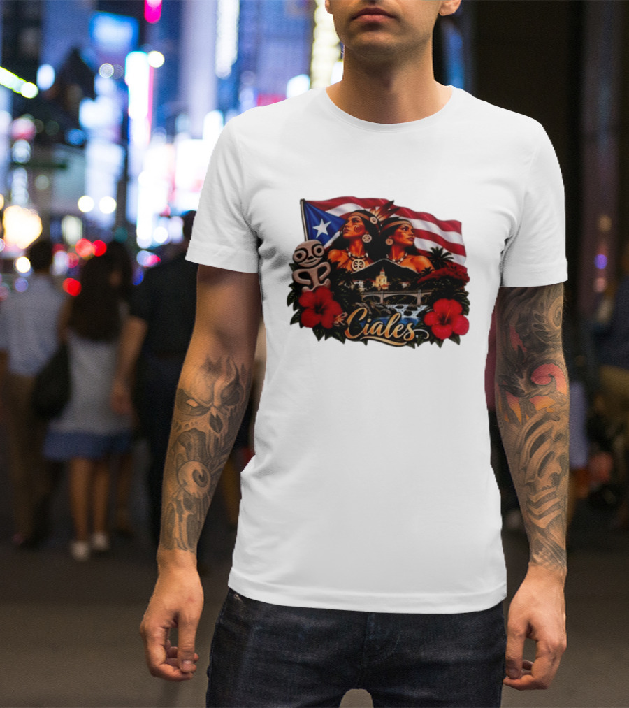 Ciales Puerto Rico Taino Women With Flag Hibiscus Flowers And Indigenous T-Shirt