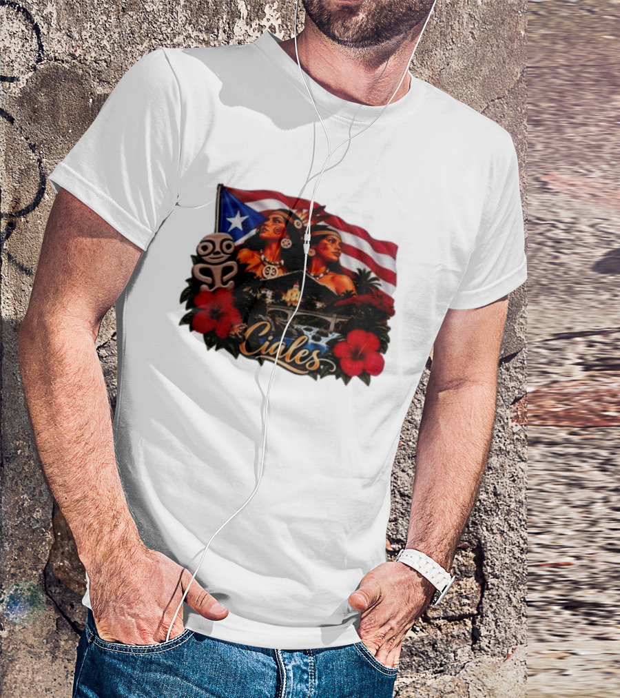 Ciales Puerto Rico Taino Women With Flag Hibiscus Flowers And Indigenous T-Shirt