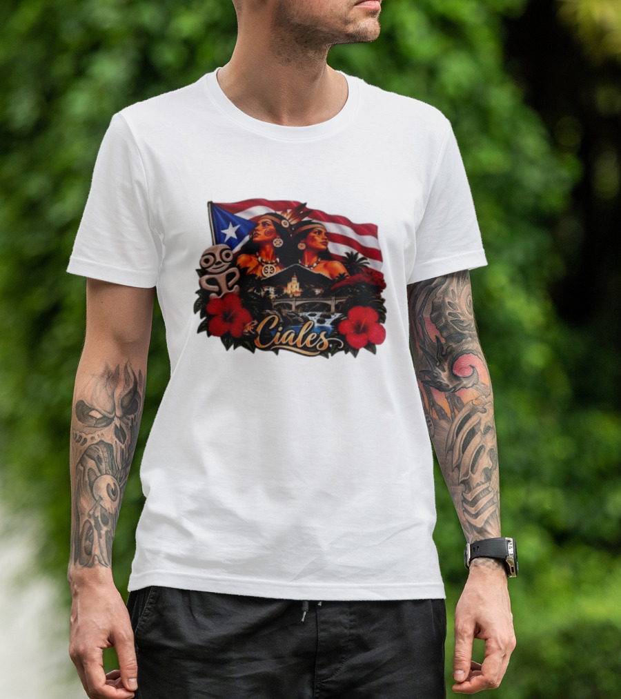 Ciales Puerto Rico Taino Women With Flag Hibiscus Flowers And Indigenous T-Shirt