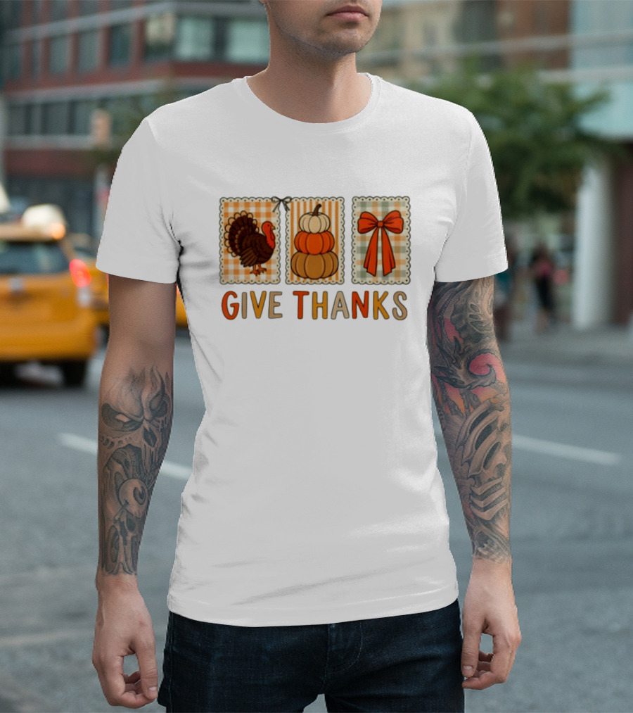 Thanksgiving Give Thanks Turkey Pumpkin Bow Harvest Celebration T-Shirt