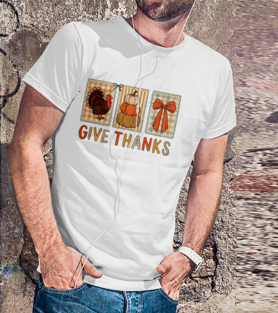 Thanksgiving Give Thanks Turkey Pumpkin Bow Harvest Celebration T-Shirt