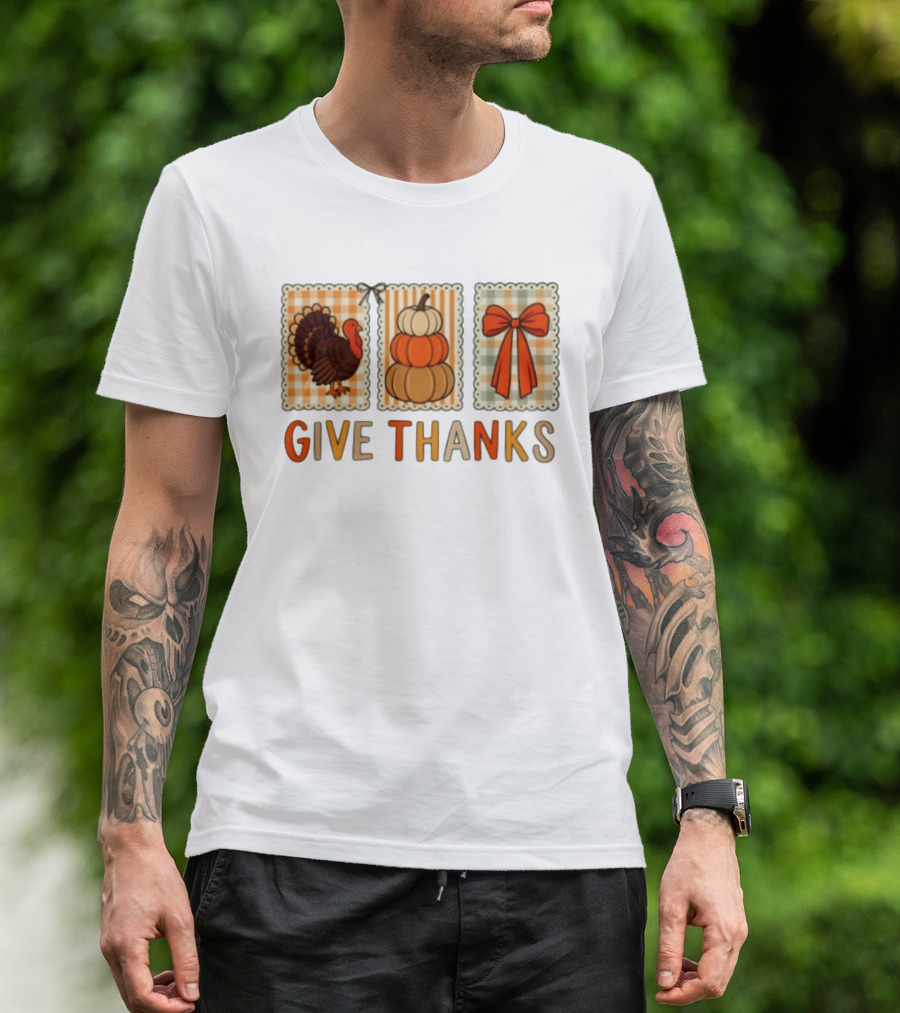 Thanksgiving Give Thanks Turkey Pumpkin Bow Harvest Celebration T-Shirt