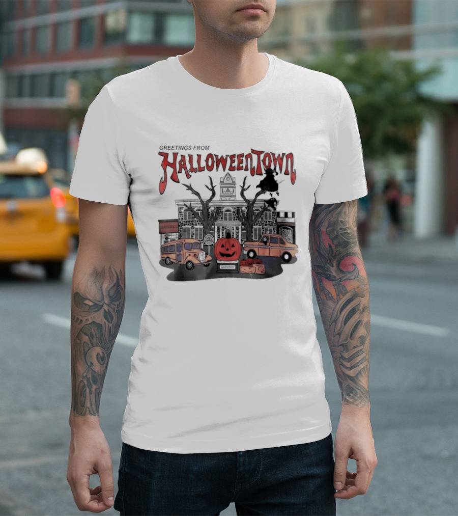 Greetings From Halloweentown Pumpkin Bus Witches Taxi T-Shirt