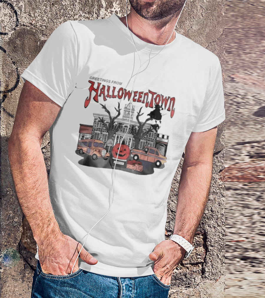 Greetings From Halloweentown Pumpkin Bus Witches Taxi T-Shirt