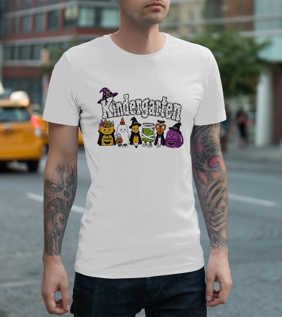 Kindergarten Crayons Ghost Bat Pumpkin Mummy Scissors Backpack Halloween T-Shirt