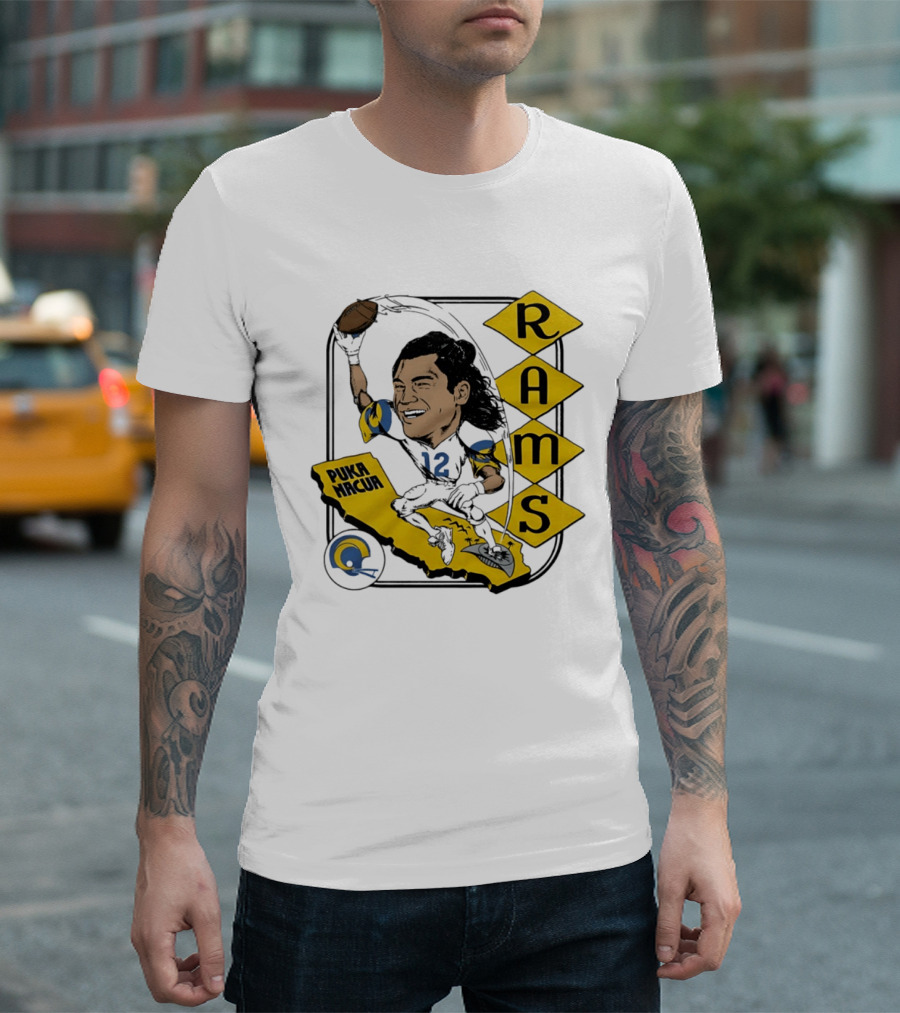 Los Angeles Rams Puka Nacua Caricature Football Player California Map T-Shirt