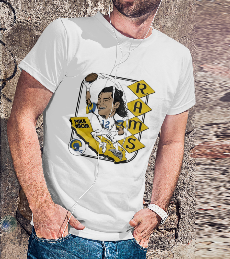 Los Angeles Rams Puka Nacua Caricature Football Player California Map T-Shirt