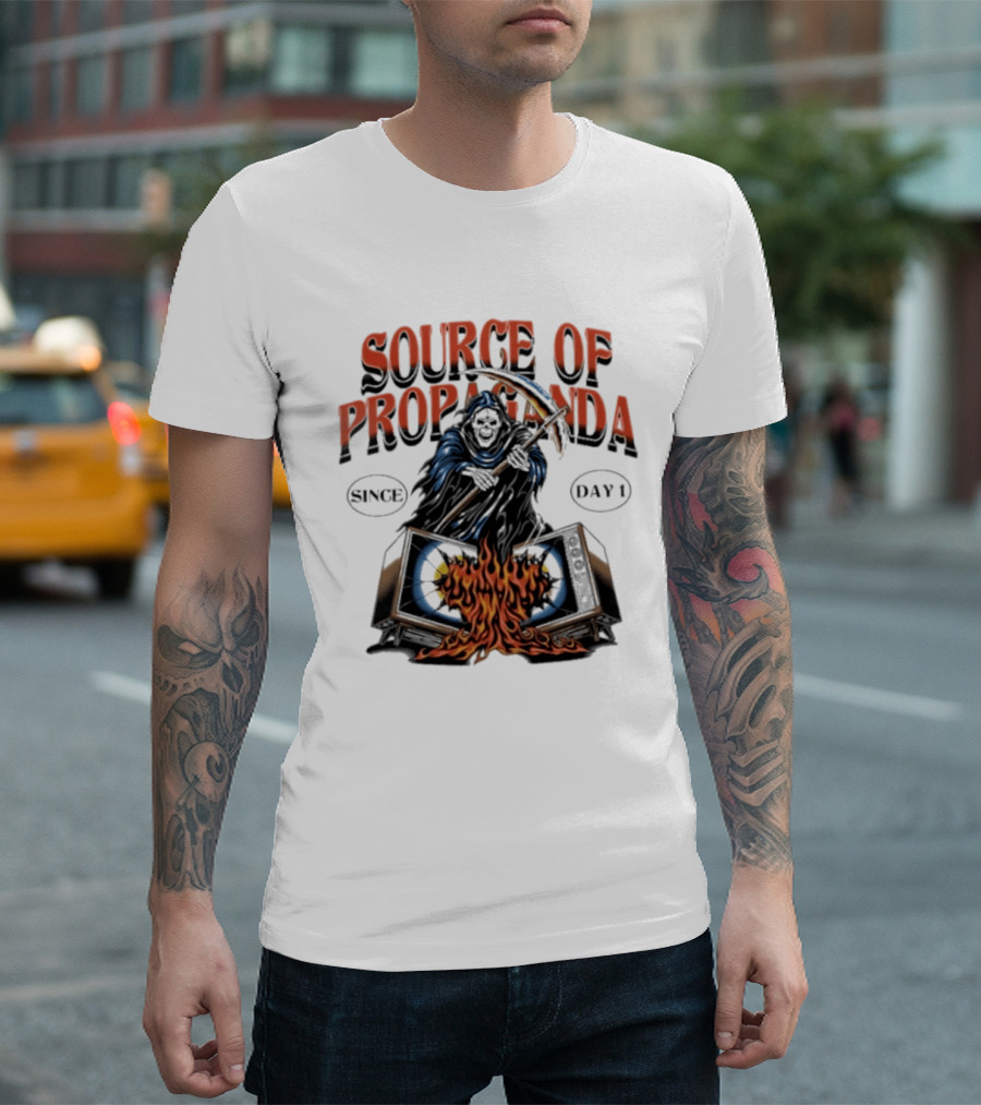 Source Of Propaganda Since Day 1 Grim Reaper Over Burning Television T-Shirt