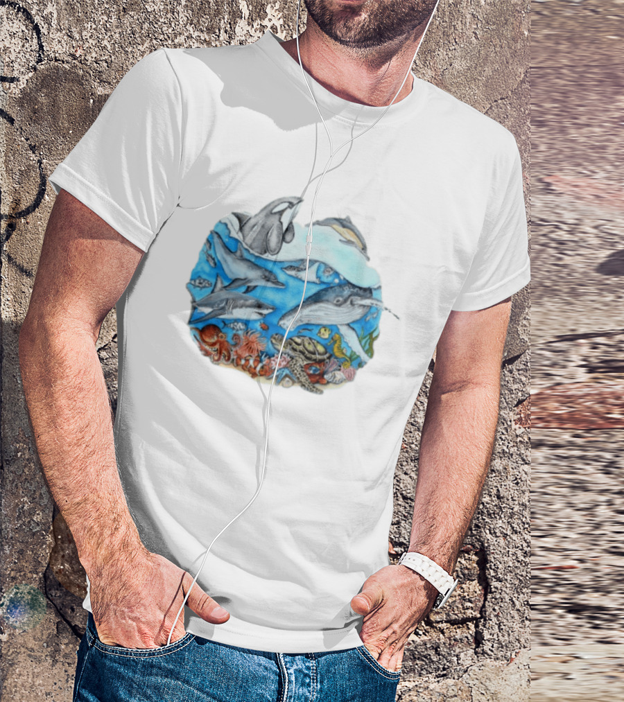 World Oceans Day Marine Life Dolphins Whales Turtles Octopus Coral Sea Animals Conservation T-Shirt