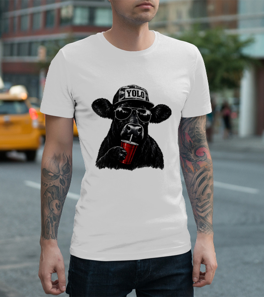YOLO Angus Cattle With Sunglasses And Red Cup Western T-Shirt