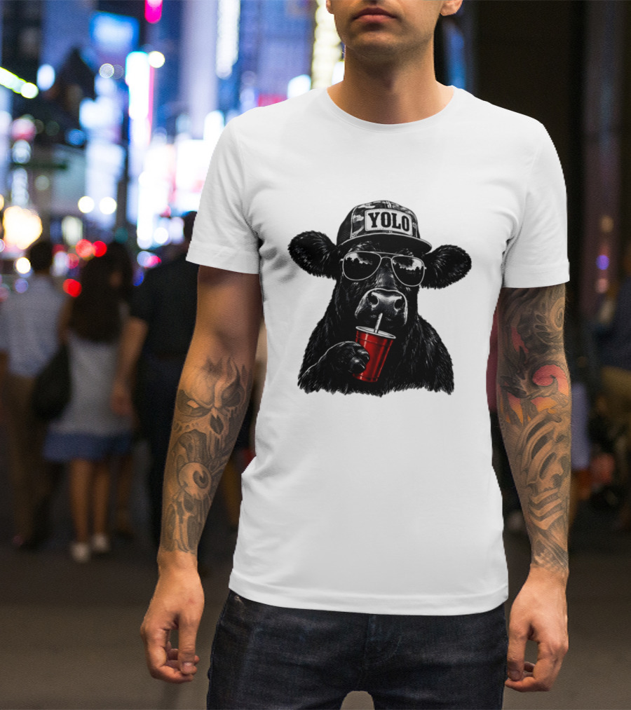 YOLO Angus Cattle With Sunglasses And Red Cup Western T-Shirt