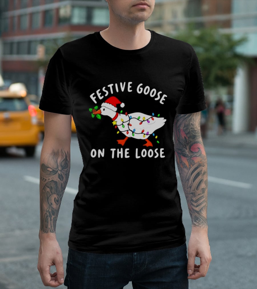 Festive Goose On The Loose With Christmas Lights And Santa Hat T-Shirt