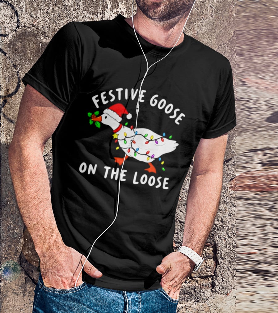 Festive Goose On The Loose With Christmas Lights And Santa Hat T-Shirt