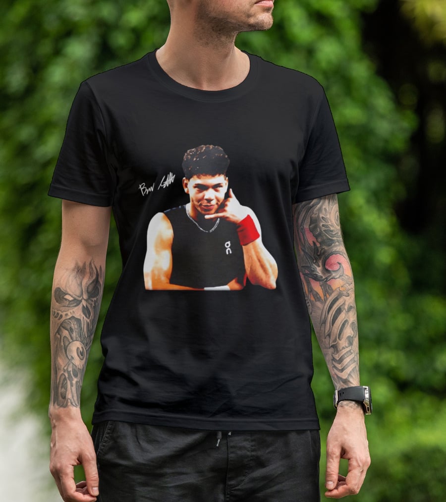 Ben Shelton Phone Gesture On Athletic Tank With Red Wristband T-Shirt