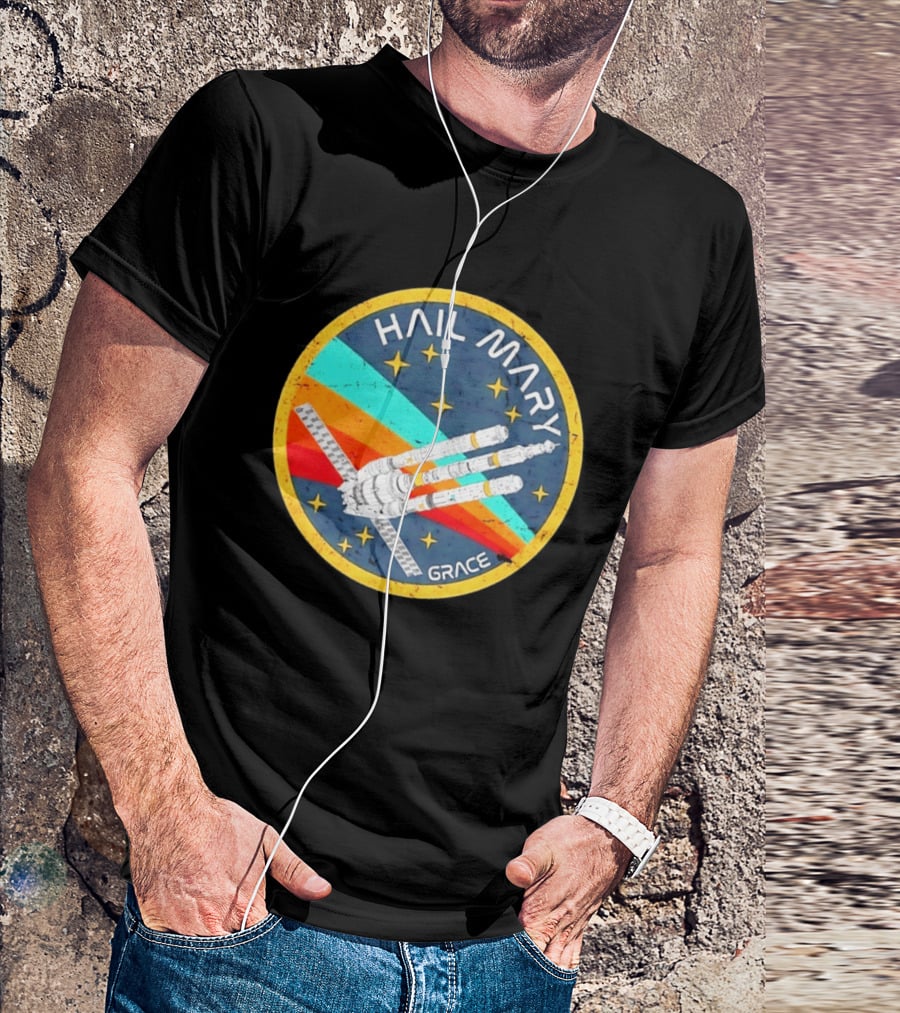 Hail Mary Grace Project Space Mission Emblem Retro Rocket T-Shirt