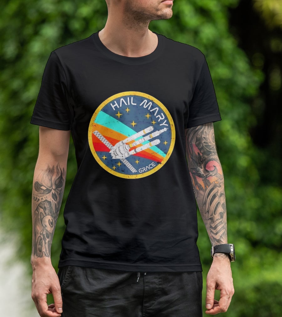 Hail Mary Grace Project Space Mission Emblem Retro Rocket T-Shirt
