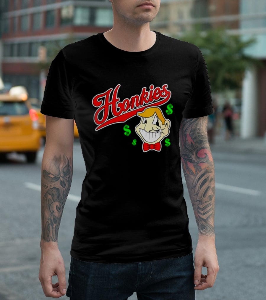 Honkies Red Script Cash Icon With Cartoon Face And Bow Tie T-Shirt