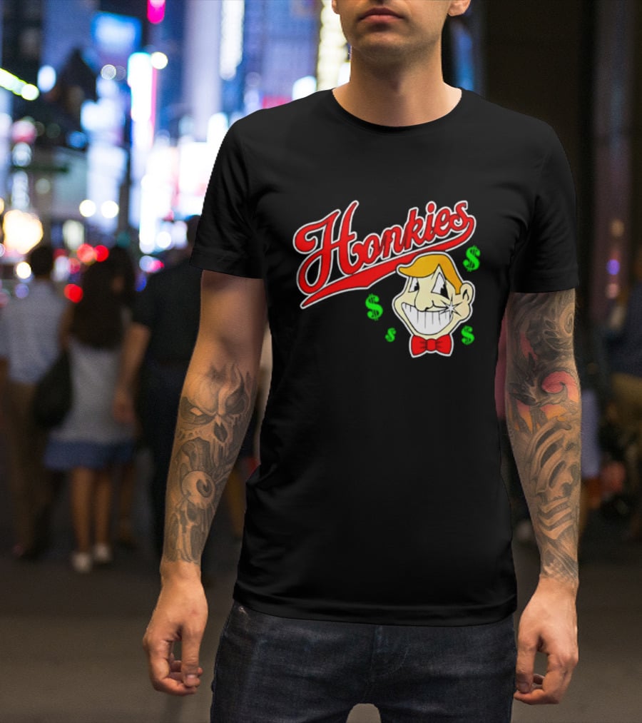 Honkies Red Script Cash Icon With Cartoon Face And Bow Tie T-Shirt