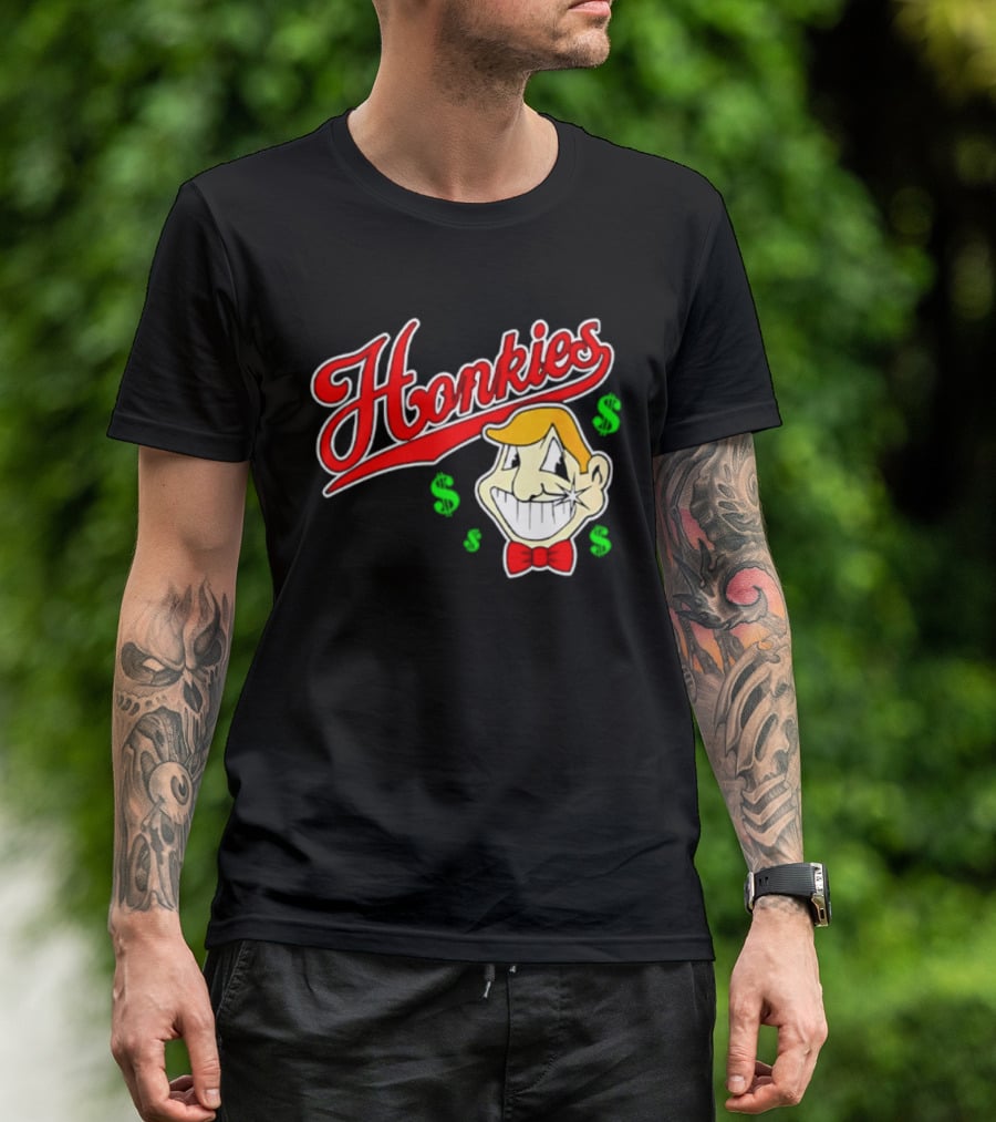 Honkies Red Script Cash Icon With Cartoon Face And Bow Tie T-Shirt