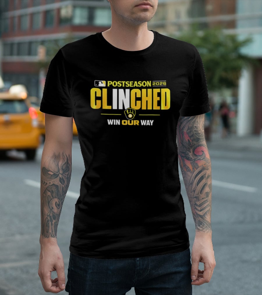 MLB Postseason 2026 Clinched Win Our Way Milwaukee Brewers Stadium Skyline T-Shirt