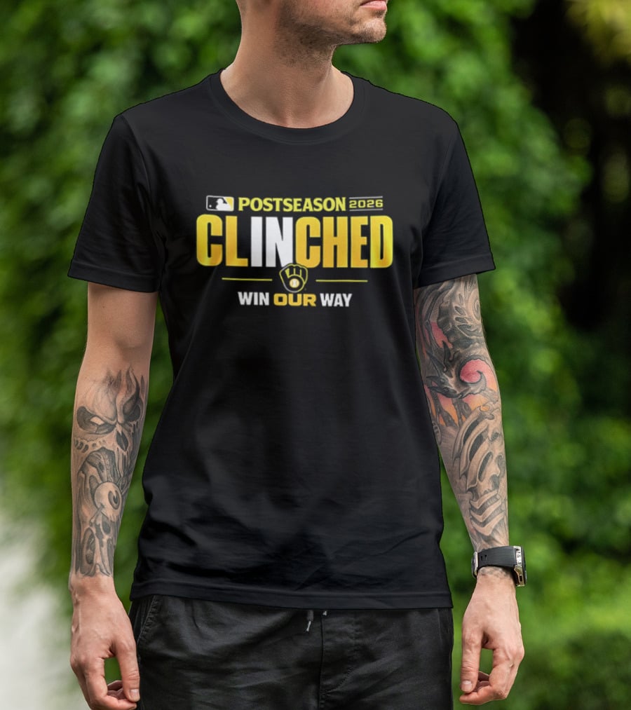 MLB Postseason 2026 Clinched Win Our Way Milwaukee Brewers Stadium Skyline T-Shirt