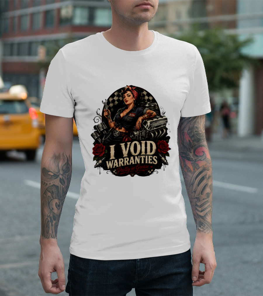 I Void Warranties Pretty In Grease Pin Up Girl Mechanic Troublemaker Engine Piston Rose Checkered T-Shirt