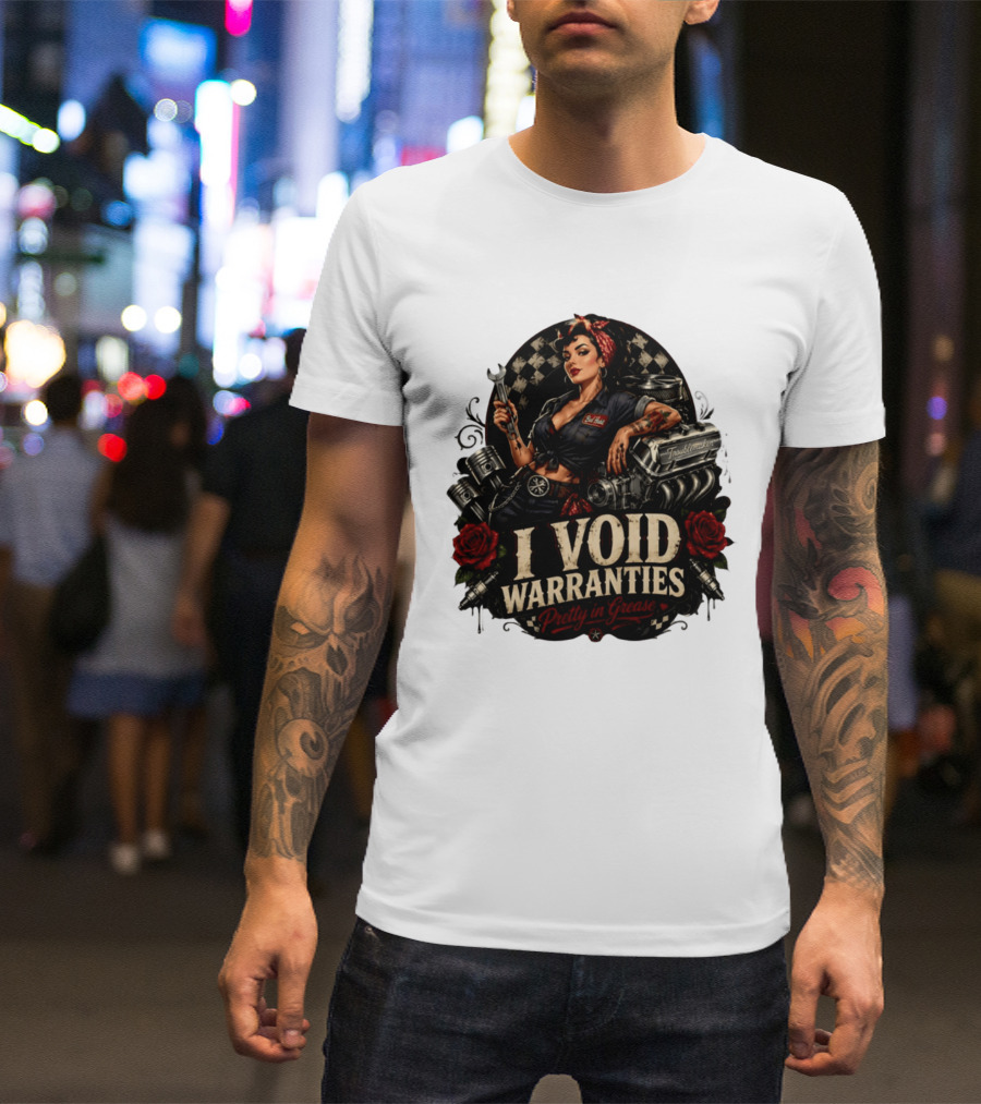 I Void Warranties Pretty In Grease Pin Up Girl Mechanic Troublemaker Engine Piston Rose Checkered T-Shirt