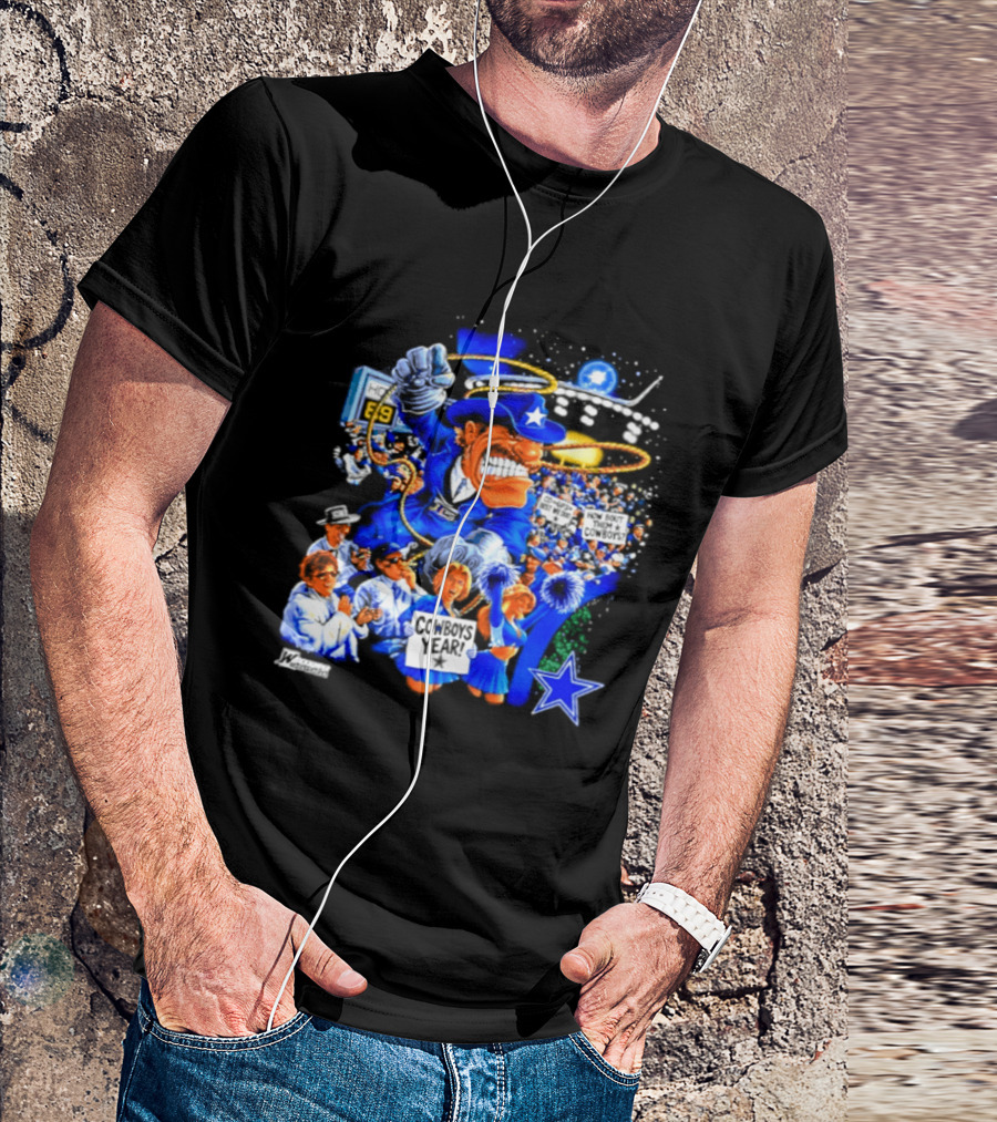 Dallas Cowboys Rowdy Mascot With Star And Cheerleaders Retro Cartoon T-Shirt