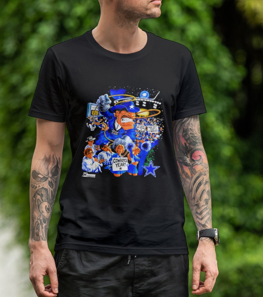 Dallas Cowboys Rowdy Mascot With Star And Cheerleaders Retro Cartoon T-Shirt