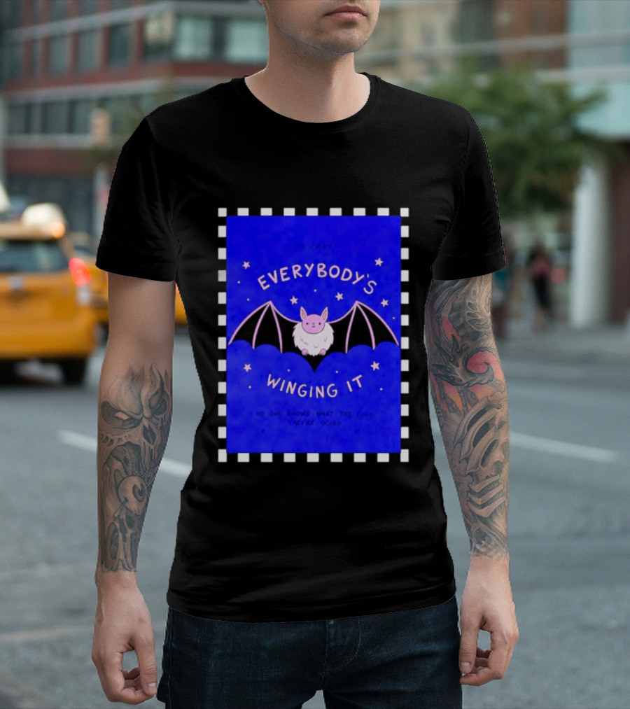 It's Okay Everybody's Winging It No One Knows What They're Doing Pink Bat With Stars T-Shirt