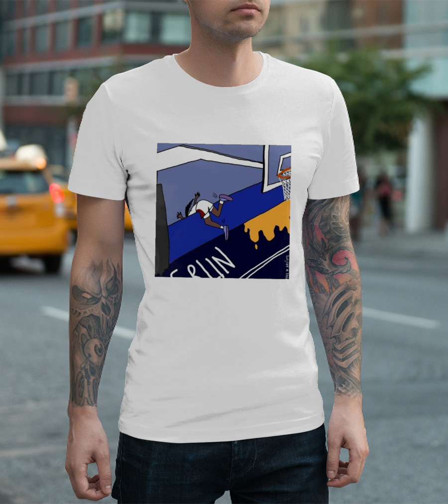 Basketball Player Diving Off Court Cartoon NBA Fan Art By Reuben Armstrong T-Shirt