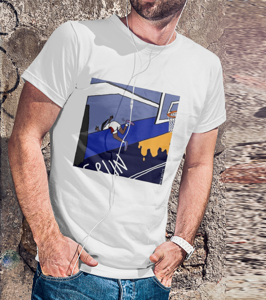 Basketball Player Diving Off Court Cartoon NBA Fan Art By Reuben Armstrong T-Shirt